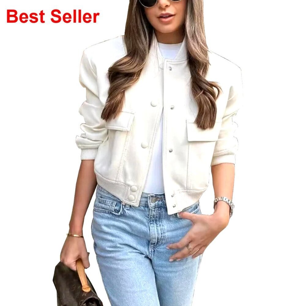 Lightweight Cropped Bomber Jacket Button Down Shacket with Side Pockets